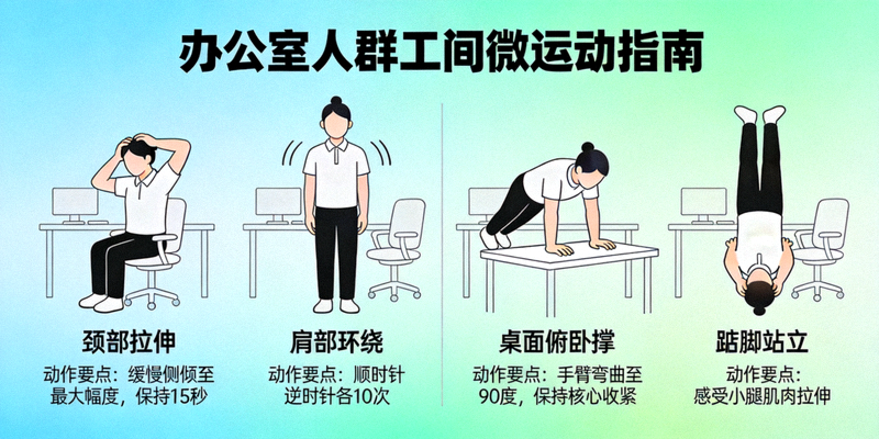 办公室人群工间微运动指南示意图 - 在办公桌前进行拉伸和简单力量练习