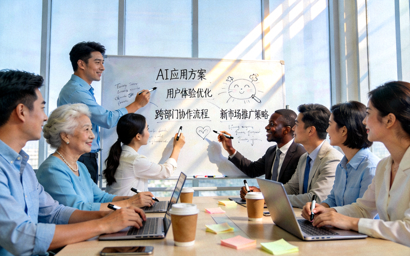 多元化的团队成员在明亮的办公室内进行头脑风暴会议，白板上写满了创意想法，展现团队协作与创新