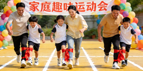 家庭趣味运动会现场 - 家长与孩子一起参加三人四足比赛