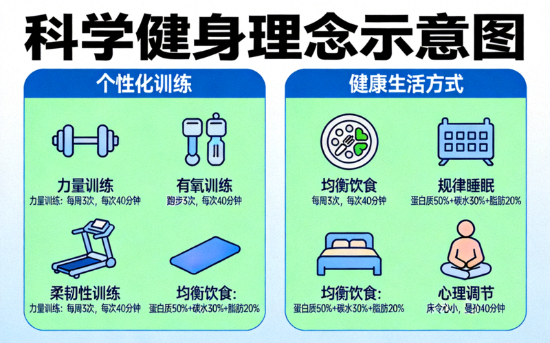 科学健身理念示意图 - 展示个性化训练与健康生活方式