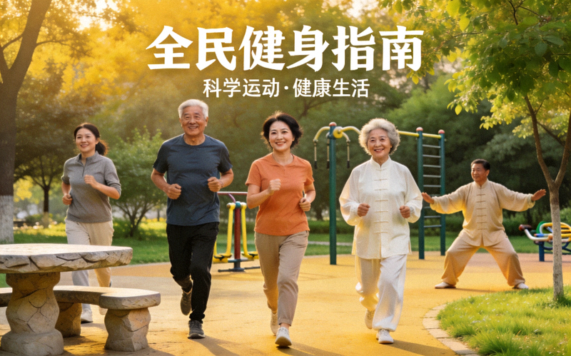 全民健身指南专栏主题图片 - 不同年龄人群在公园进行跑步、太极等健康运动的欢乐场景
