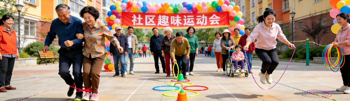 社区居民积极参与体育赛事活动现场 - 多人正在进行趣味运动比赛