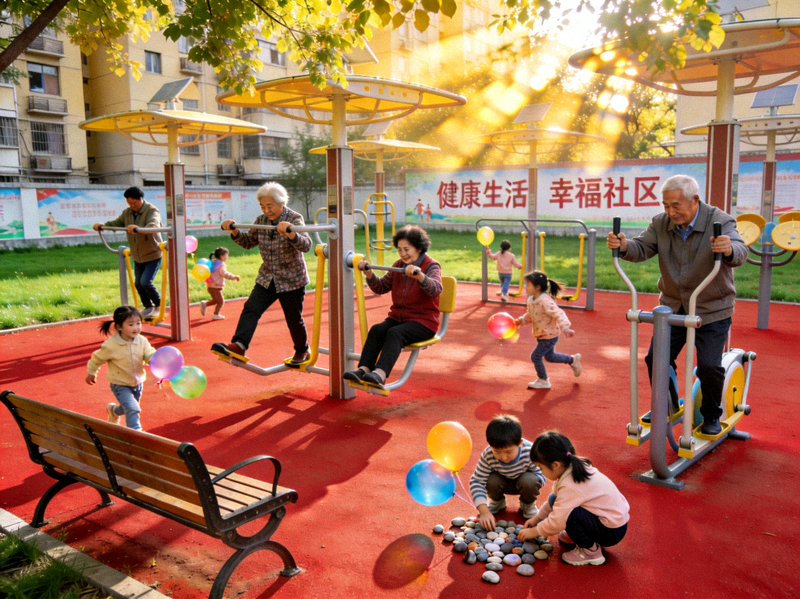 社区居民在新建的健身广场上锻炼 - 老人使用健身器材，儿童在旁玩耍