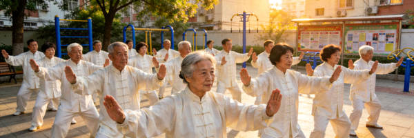 社区太极拳集体展示活动 - 中老年居民整齐演练太极拳