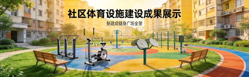 社区体育设施建设成果展示 - 新建成的社区健身广场全景