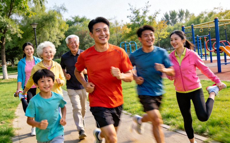 一群不同年龄的人在公园里快乐地进行团队体育活动，如跑步和拉伸，展现社区体育的活力与健康