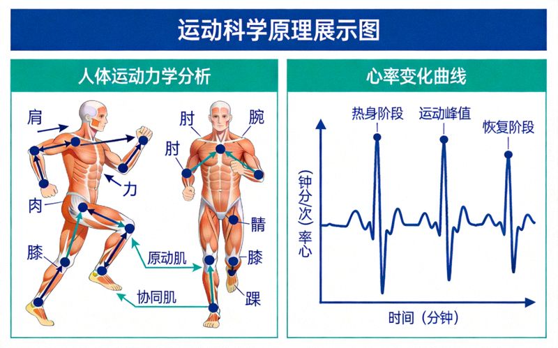 运动科学原理展示图 - 人体运动力学分析及心率变化曲线示意图