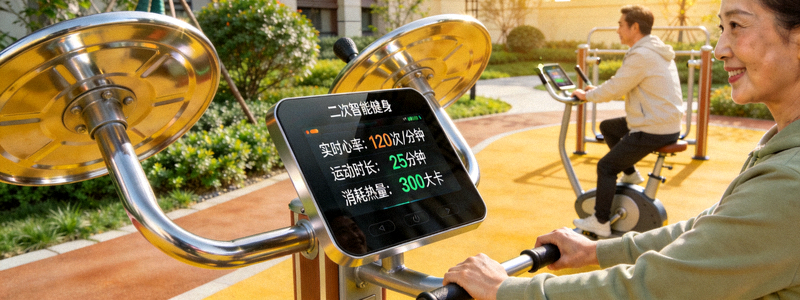 社区居民使用二代智能健身器材锻炼 - 器材屏幕显示实时运动数据