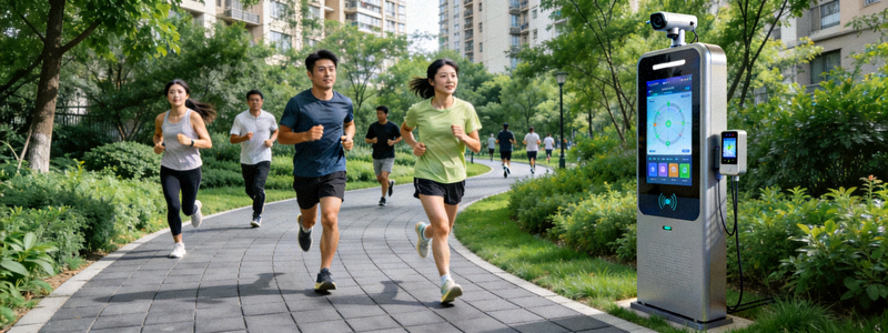社区智能健身步道实景 - 市民在绿荫环绕的步道上跑步，旁边设有智能数据采集点