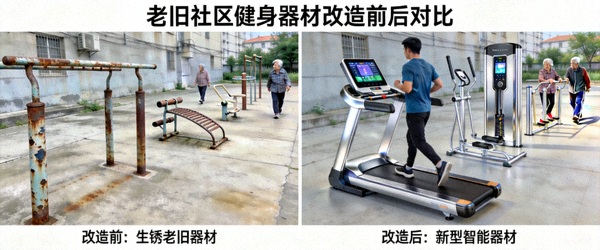老旧社区健身器材改造前后对比 - 生锈器材更换为新型智能器材