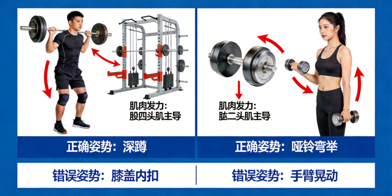 力量训练科学方法示意图 - 展示正确的器械使用姿势和肌肉发力要点