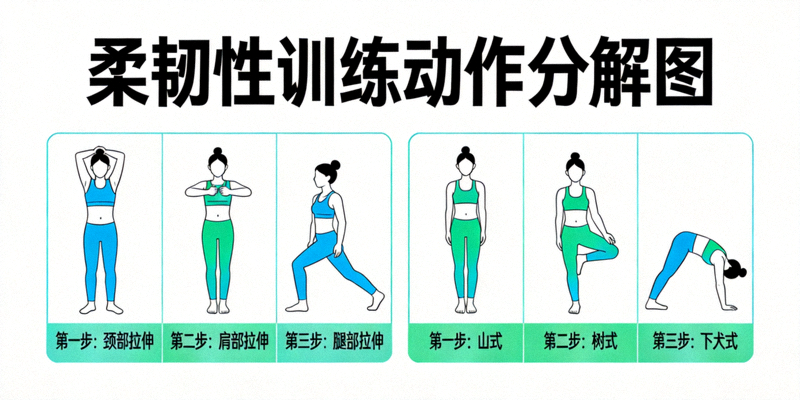 柔韧性训练动作分解图 - 展示拉伸和瑜伽动作的正确姿势