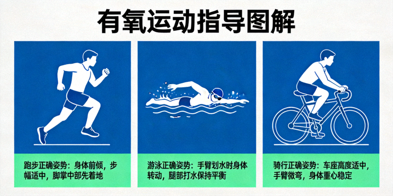 有氧运动指导图解 - 展示跑步、游泳、骑行等有氧运动正确姿势