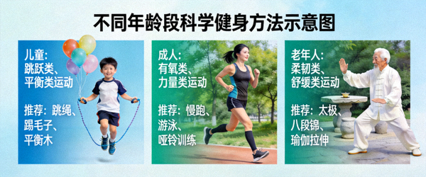 不同年龄段科学健身方法示意图 - 儿童、成人、老年人适宜运动方式