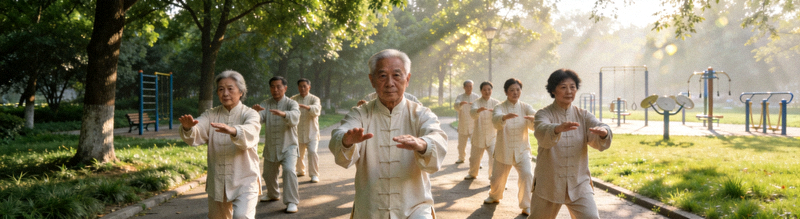 社区居民清晨在公园集体练习太极拳 - 中老年人在绿树环绕中和谐运动