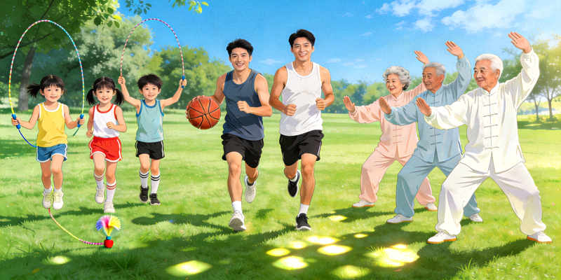 不同年龄段人群参与体育活动场景 - 儿童、青年、中老年共同运动