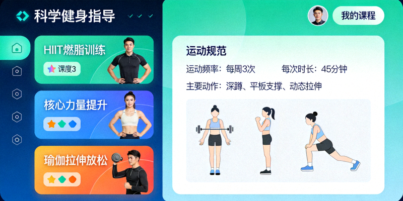 科学健身指导界面 - 展示在线健身课程和运动处方示例