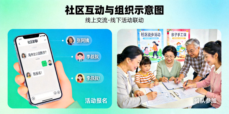 社区互动与组织示意图 - 社区居民线上交流、组队参加活动的场景