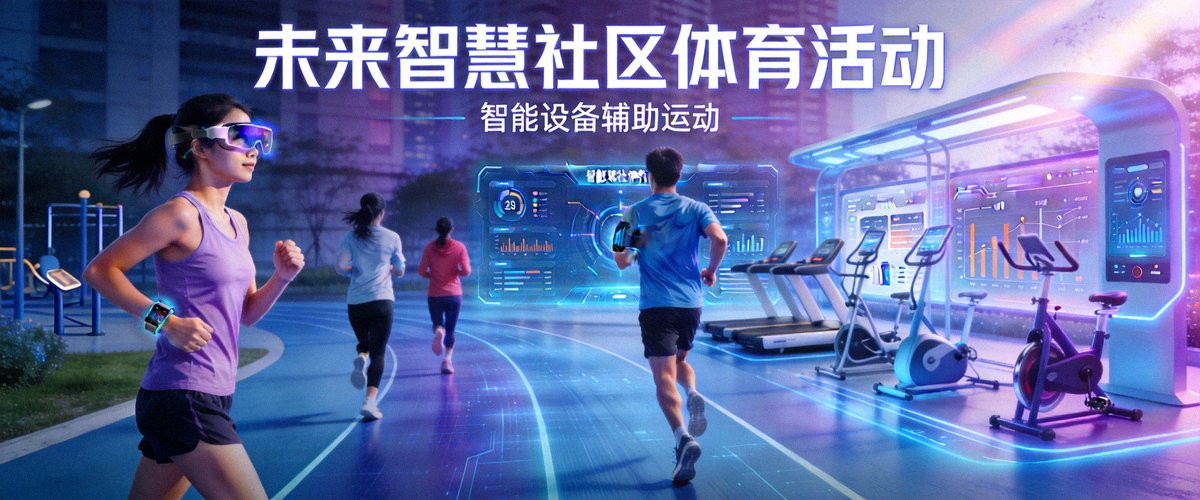 未来智慧社区体育场景构想图 - 居民使用智能设备参与社区体育活动