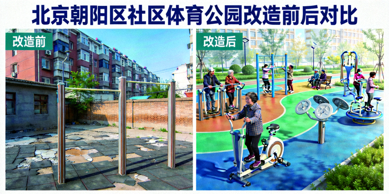 北京朝阳区社区体育公园改造前后对比 - 居民在新建的健身器材区锻炼