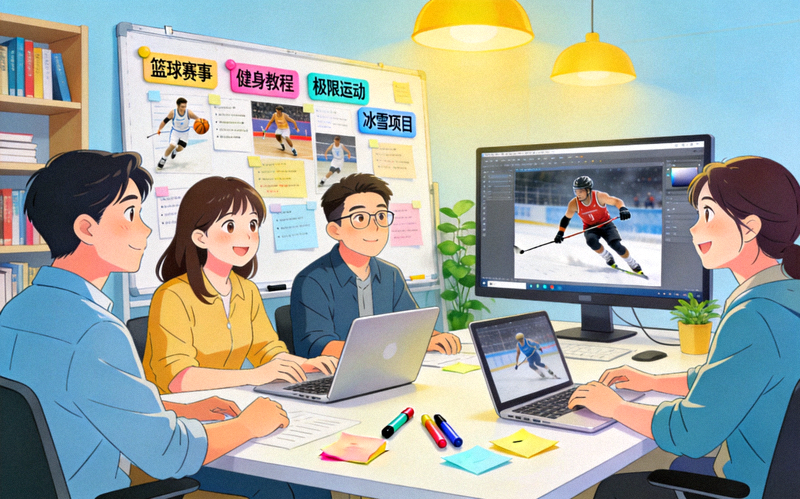 多元化体育内容创作场景 - 编辑团队正在策划不同主题的体育内容