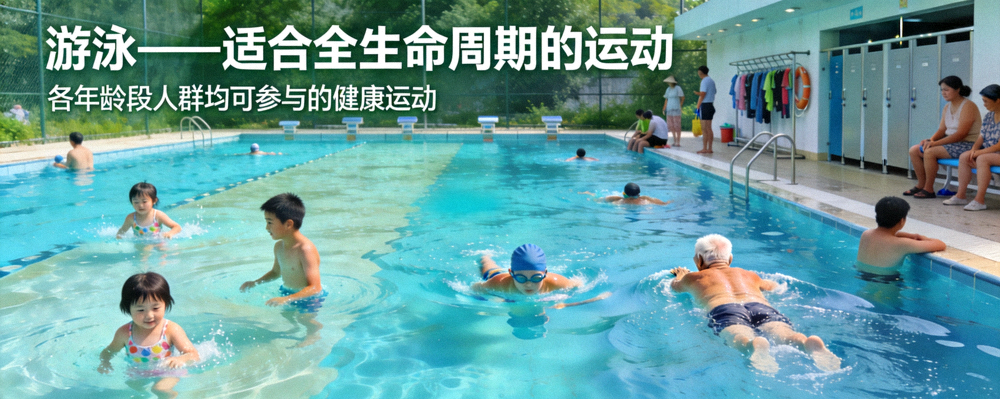 不同年龄段的市民在公共游泳池进行游泳锻炼 - 一项适合全生命周期的运动