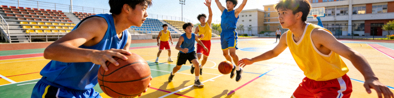 青少年校园篮球比赛 - 中学生在篮球场上积极拼抢，展现青春活力