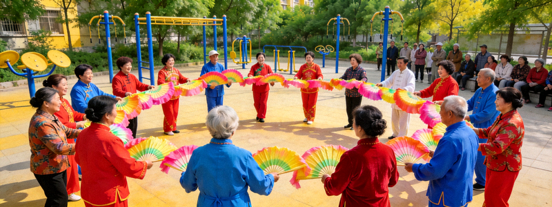 社区广场舞活动 - 中老年居民在社区广场快乐舞蹈