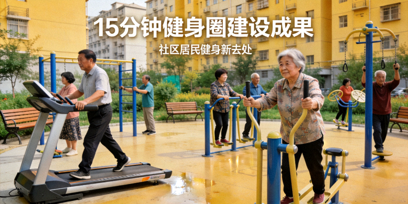 社区居民在新建的社区健身广场使用各类健身器材锻炼 - 15分钟健身圈建设成果