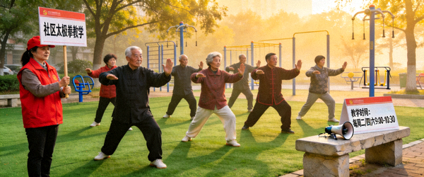 社区太极拳教学活动 - 居民在公园练习太极拳