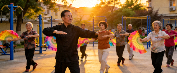 社区广场舞活动场景 - 中老年居民在教练带领下跳广场舞