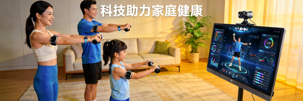 一家人使用智能运动设备在客厅进行互动健身 - 科技助力家庭健康