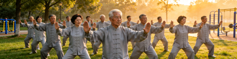 社区晨练活动照片 - 居民在公园集体练习太极拳