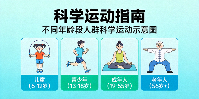 科学运动指南封面 - 展示不同年龄段人群科学运动示意图