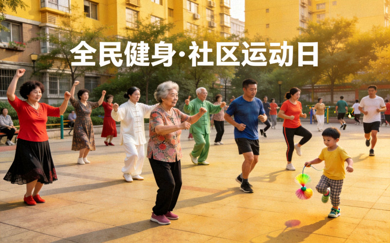 全民健身活动场景 - 社区群众集体进行体育锻炼