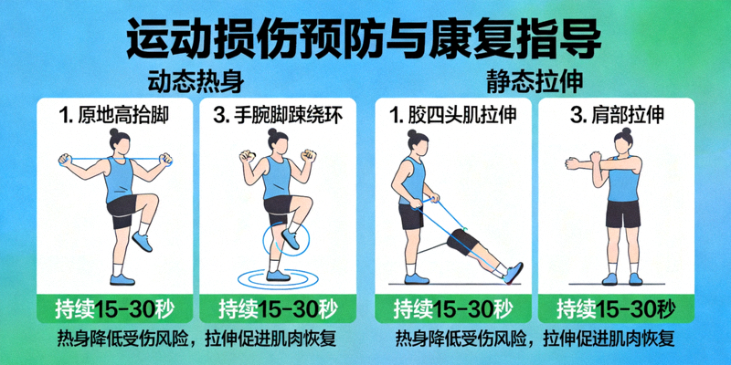 运动损伤预防与康复指导图示 - 展示正确热身与拉伸动作
