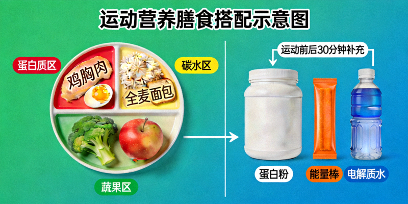 运动营养膳食搭配示意图 - 健康餐盘与运动补给