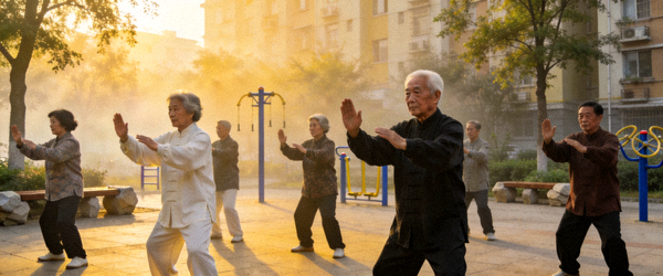 老年人在社区广场上练习太极拳 - 和谐宁静的晨练氛围