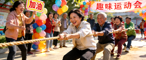 社区居民共同参与趣味运动会的欢乐场面 - 拔河比赛进行中