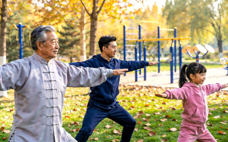 家庭三代人在公园一起练习太极拳，展现和谐健康的家庭体育活动场景