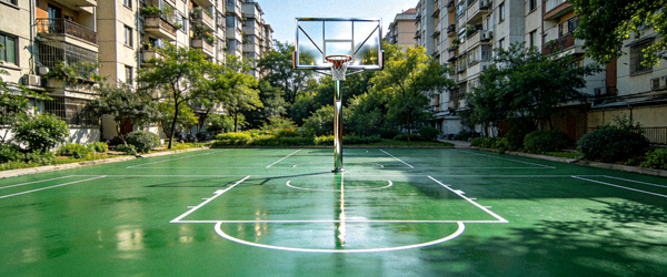 社区标准篮球场翻新效果 - 崭新的塑胶地面和篮球架