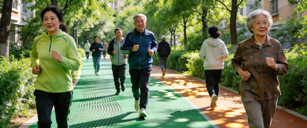 社区塑胶健身步道 - 居民在绿树环绕的步道上健走