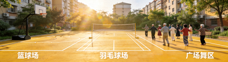 社区多功能运动场 - 一个场地通过划线兼容篮球、羽毛球、广场舞等多种用途