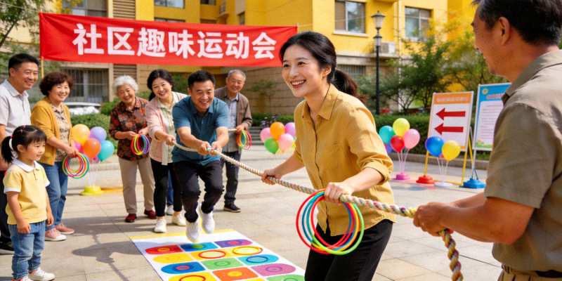 社区体育赛事活动现场 - 社区居民参与趣味运动会