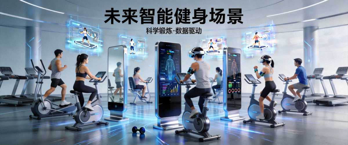 未来智能化健身场景概念图 - 人们使用高科技设备进行科学锻炼