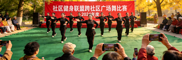 社区健身联盟组织的跨社区广场舞比赛现场