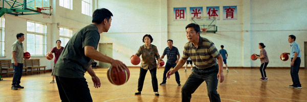 社区居民在学校体育馆内进行篮球锻炼