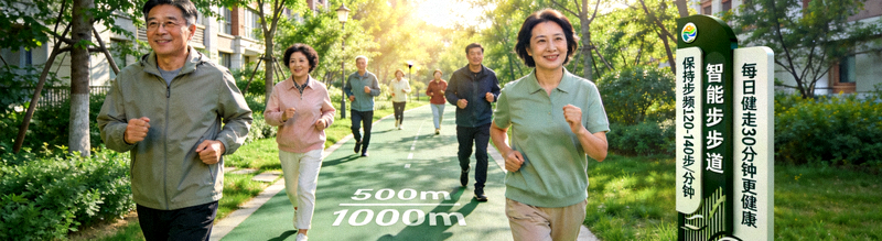 社区智能步道场景 - 居民在绿树环绕的智能步道上健走，沿途有距离标识和健康提示