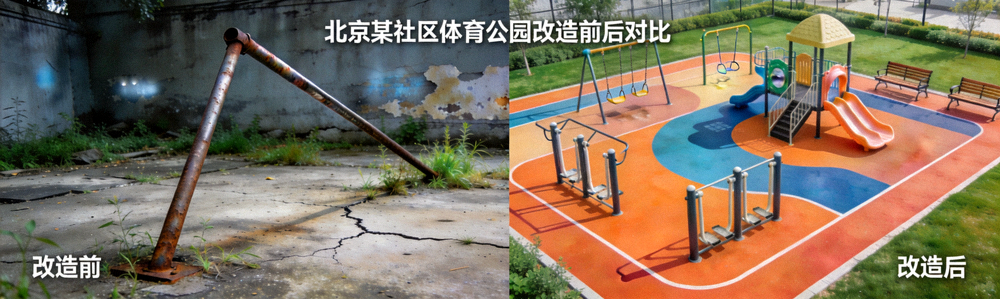 北京某社区体育公园改造前后对比 - 从老旧场地变为现代化多功能运动公园