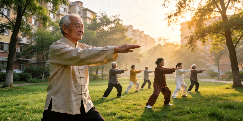 社区居民在公园进行集体晨练 - 中老年人在绿地上打太极拳
